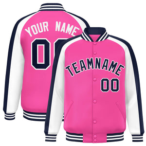 Custom Pink White Varsity Full-Snap Color Block Personalized Raglan Sleeves Letterman Jacket