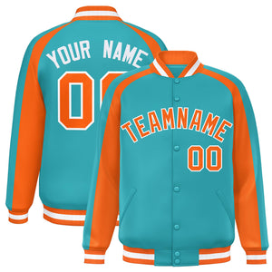 Custom Aqua Orange Varsity Full-Snap Color Block Personalized Raglan Sleeves Letterman Jacket