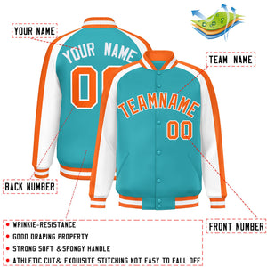 Custom Aqua White Varsity Full-Snap Color Block Personalized Raglan Sleeves Letterman Jacket