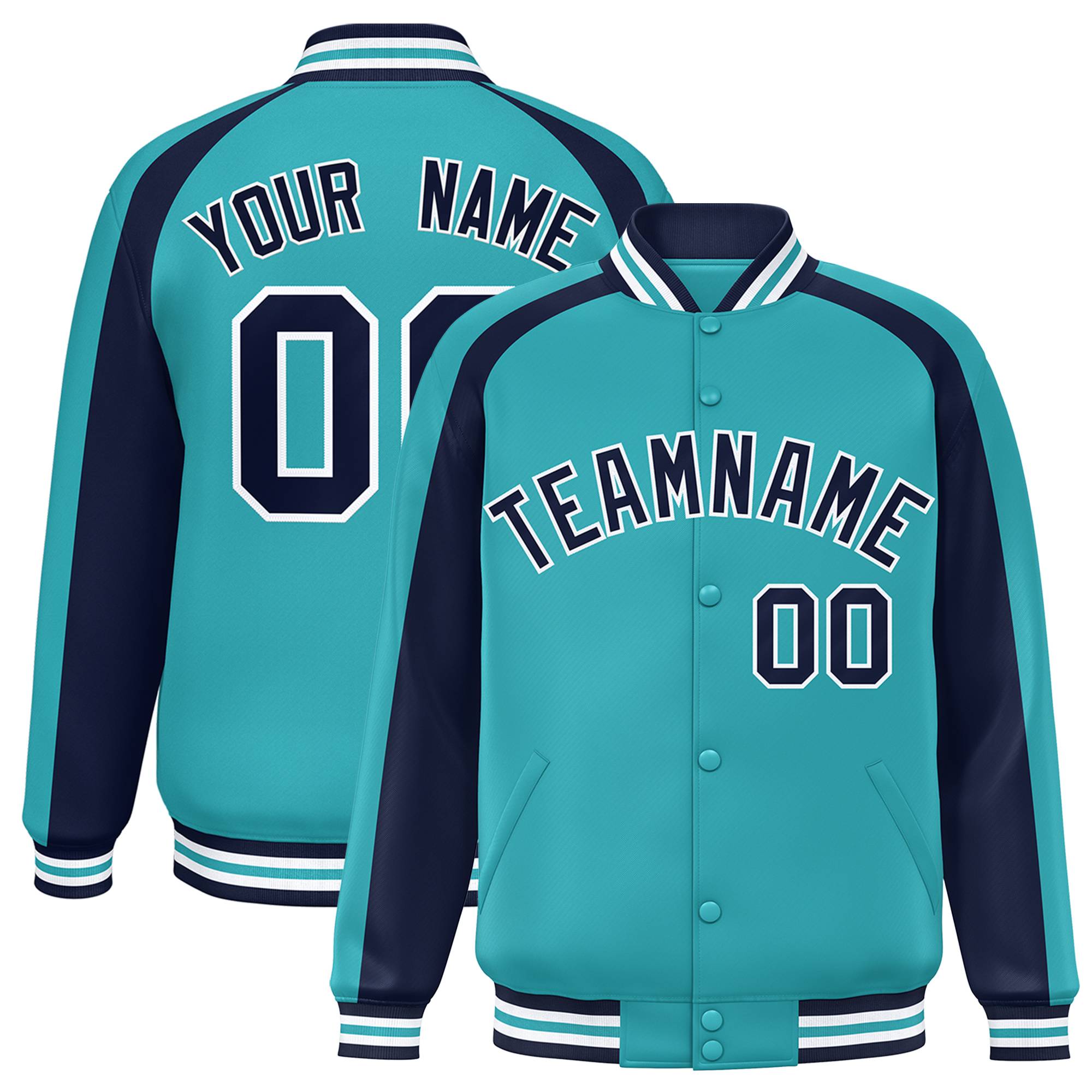 Custom Aqua Navy Varsity Full-Snap Color Block Personalized Raglan Sleeves Letterman Jacket