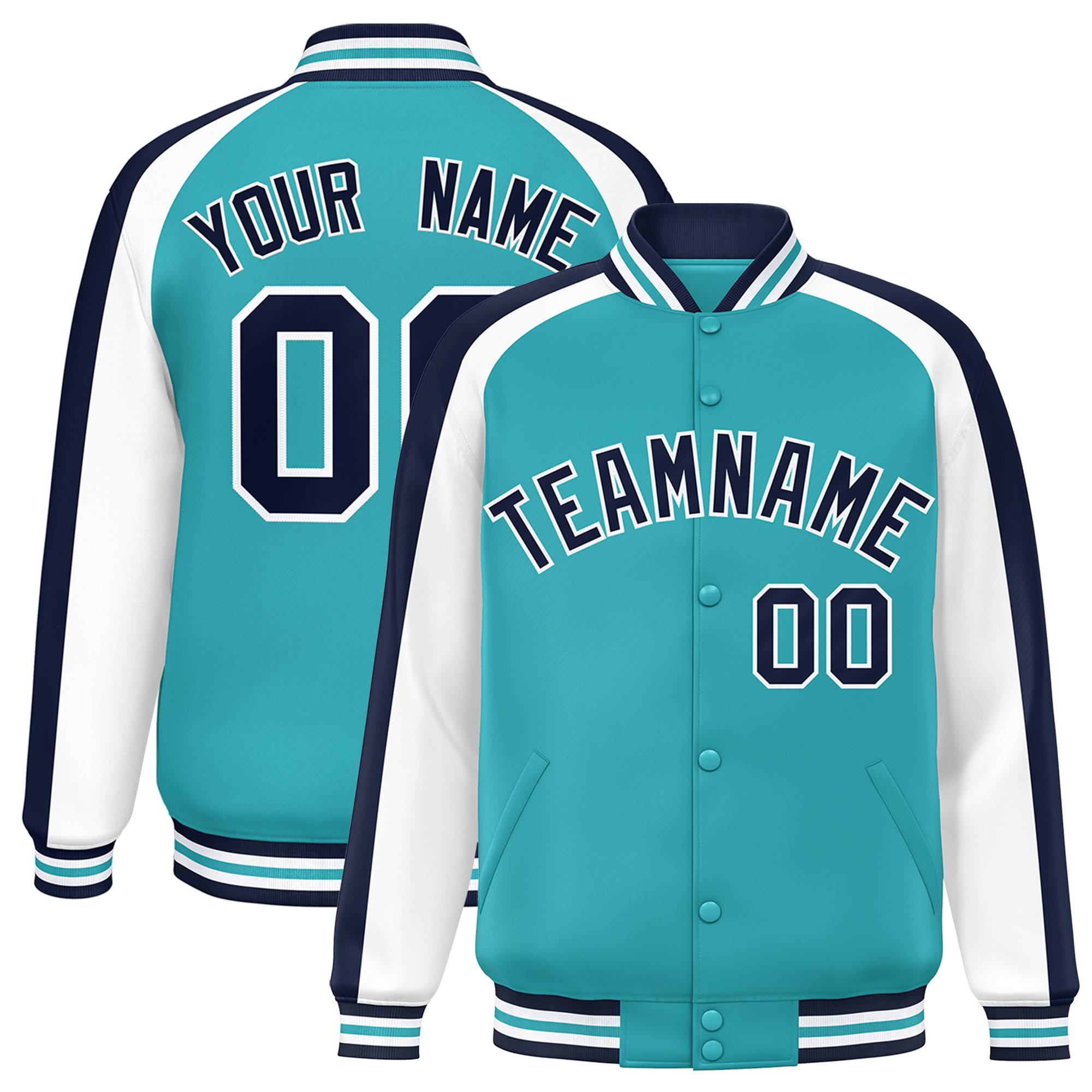 Custom Aqua White Varsity Full-Snap Color Block Personalized Raglan Sleeves Letterman Jacket