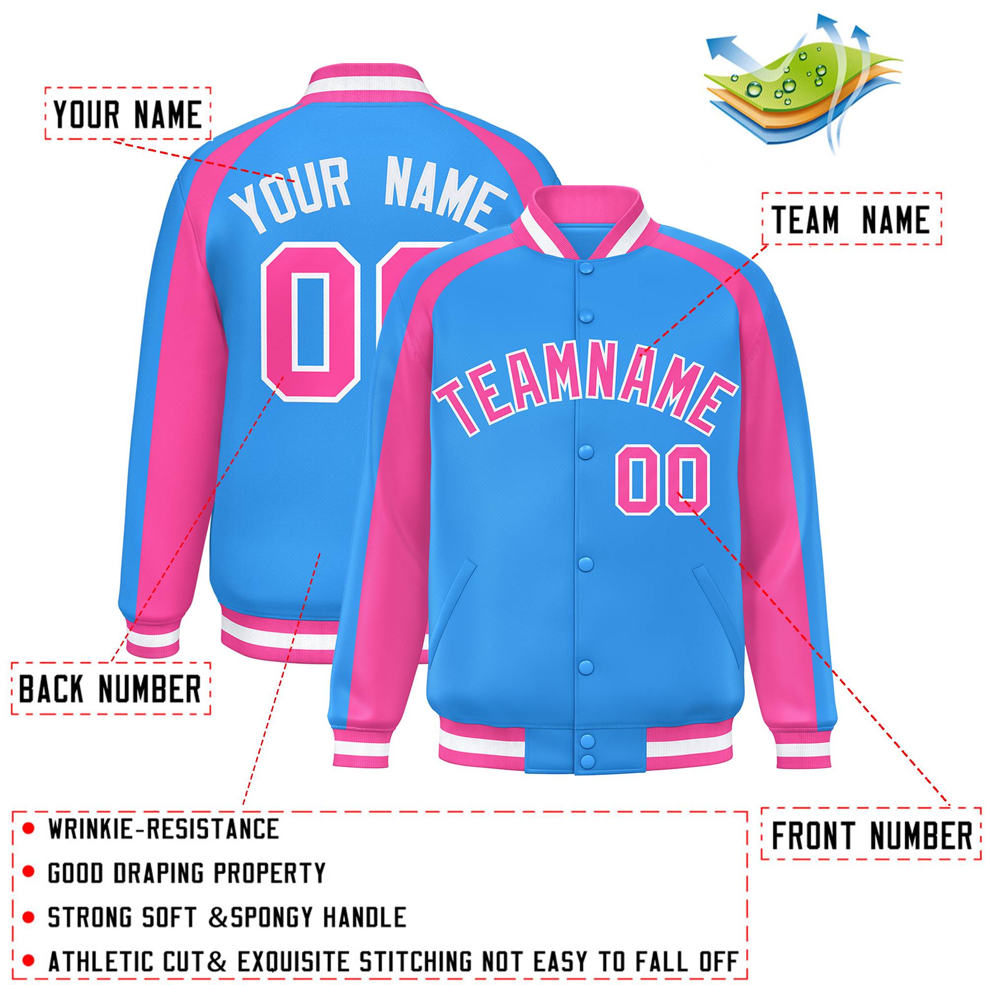 Custom Powder Blue Pink Varsity Full-Snap Color Block Personalized Raglan Sleeves Letterman Jacket