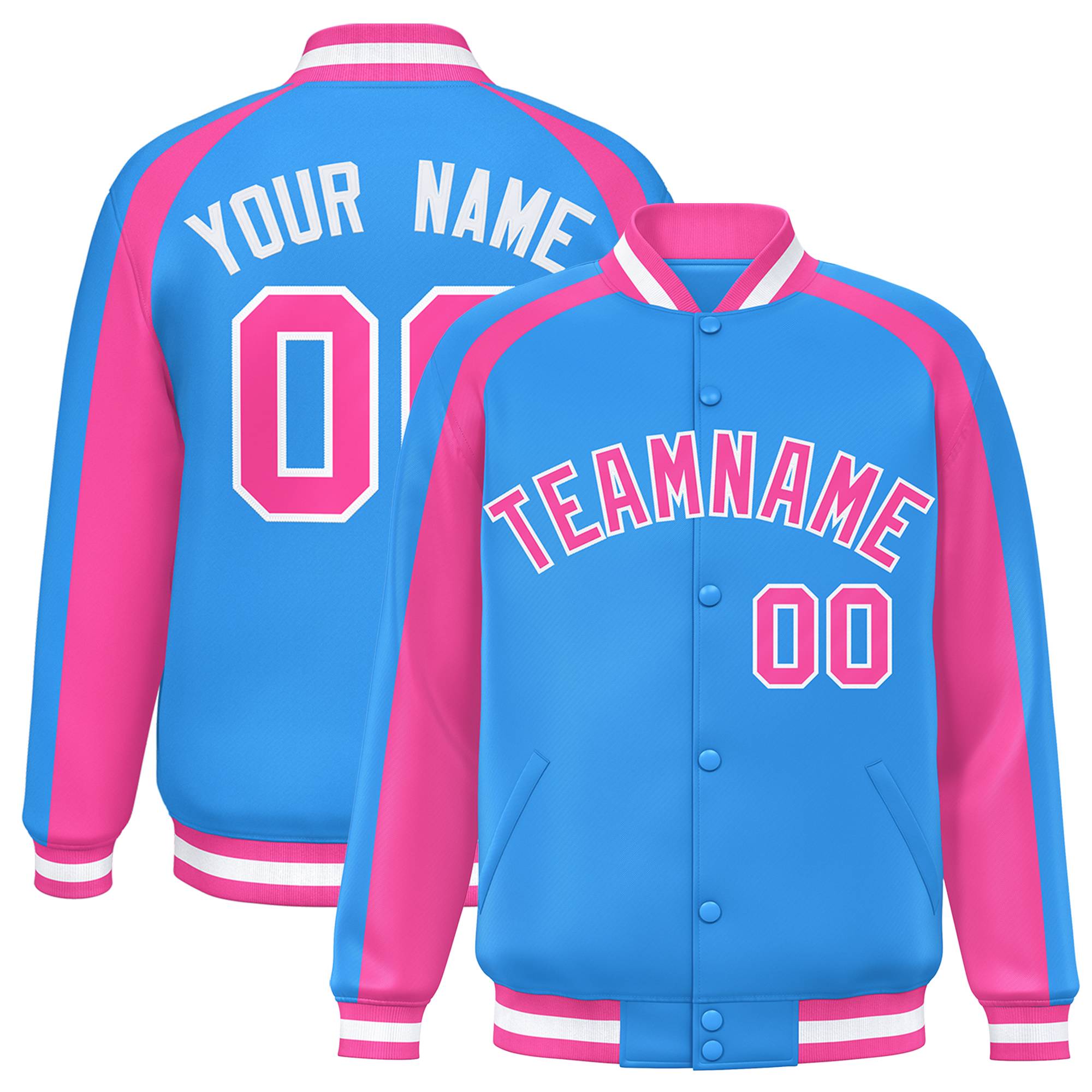 Custom Powder Blue Pink Varsity Full-Snap Color Block Personalized Raglan Sleeves Letterman Jacket