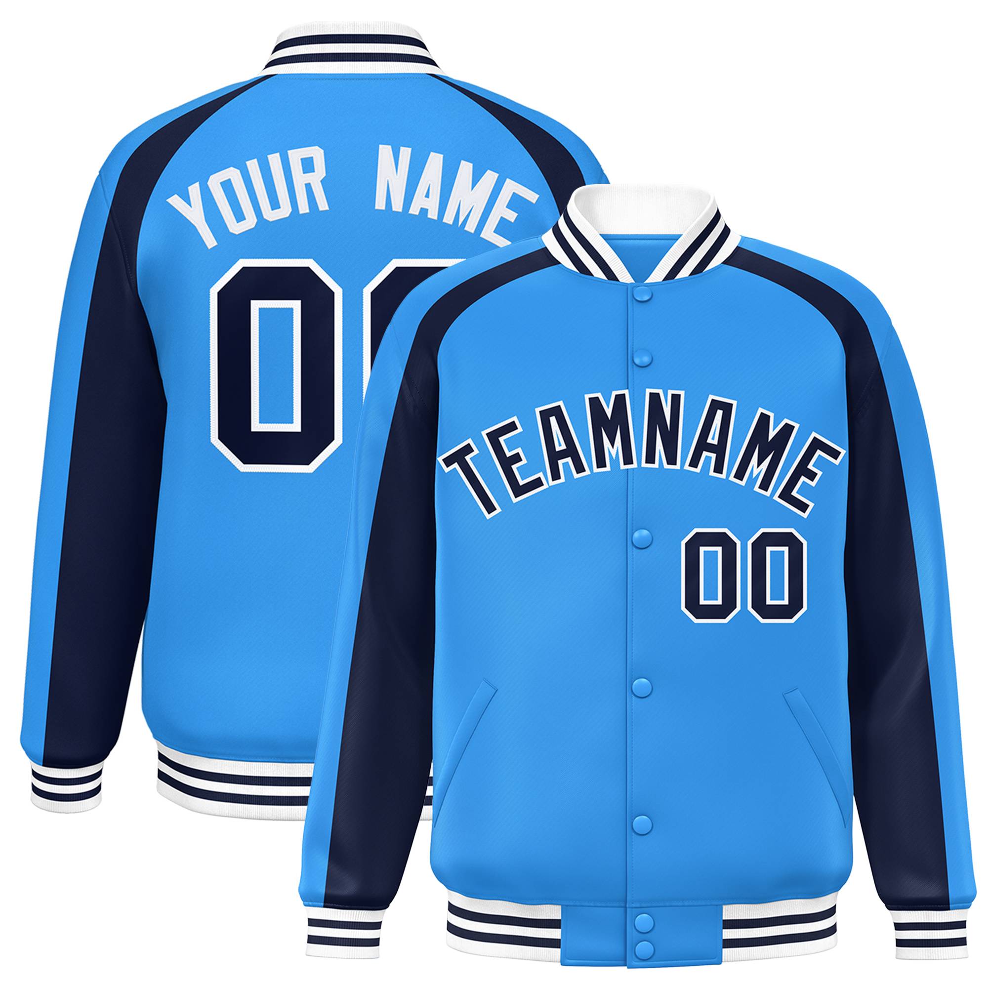 Custom Powder Blue Navy Varsity Full-Snap Color Block Personalized Raglan Sleeves Letterman Jacket