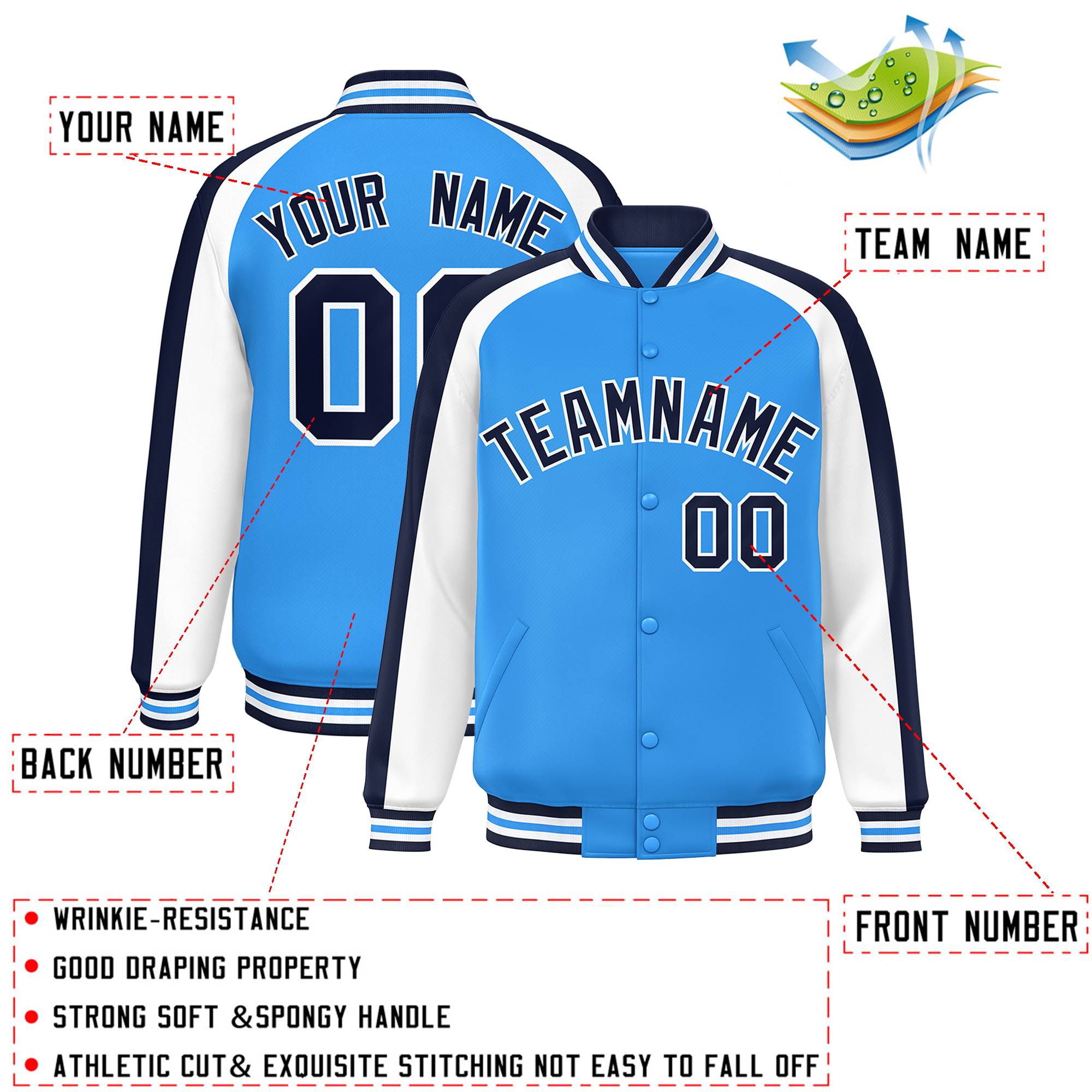 Custom Powder Blue White Varsity Full-Snap Color Block Personalized Raglan Sleeves Letterman Jacket