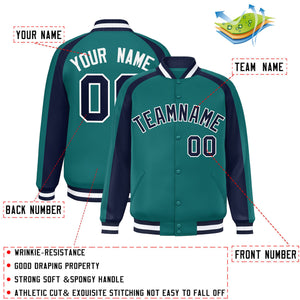 Custom Aqua Navy Varsity Full-Snap Color Block Personalized Raglan Sleeves Letterman Jacket