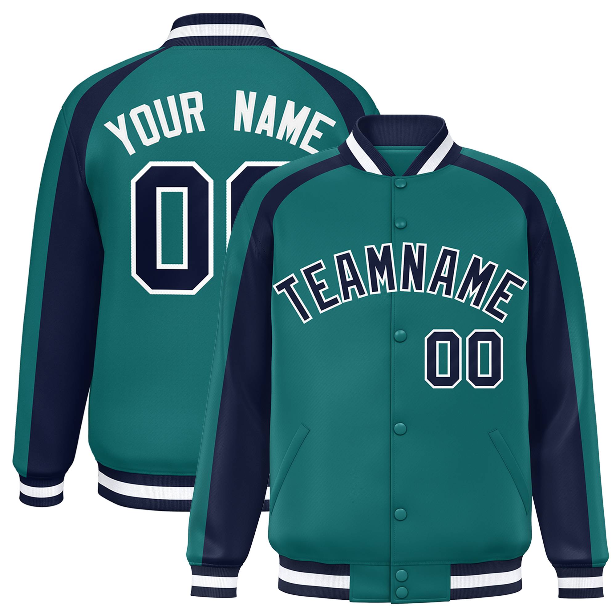 Custom Aqua Navy Varsity Full-Snap Color Block Personalized Raglan Sleeves Letterman Jacket