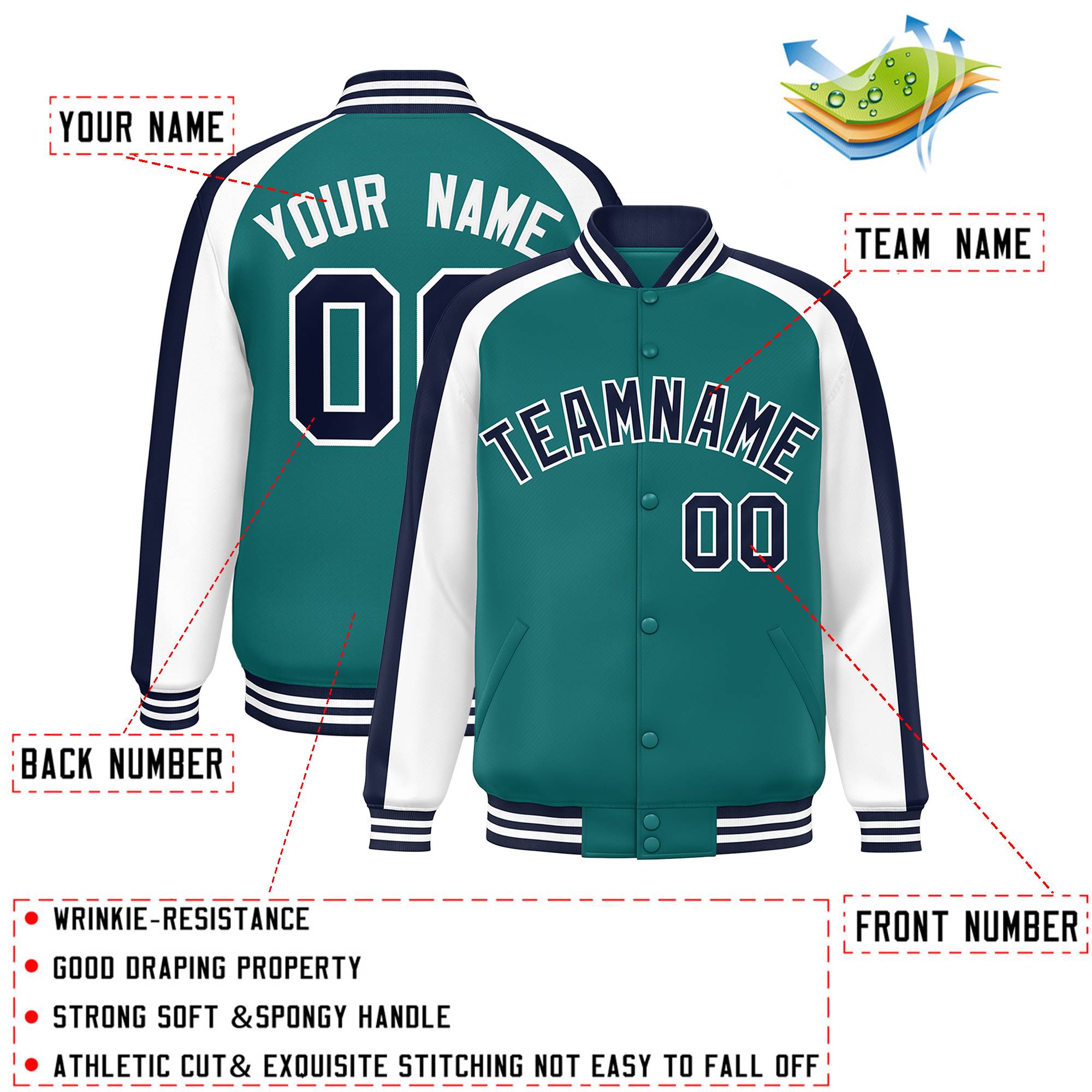 Custom Aqua White Varsity Full-Snap Color Block Personalized Raglan Sleeves Letterman Jacket