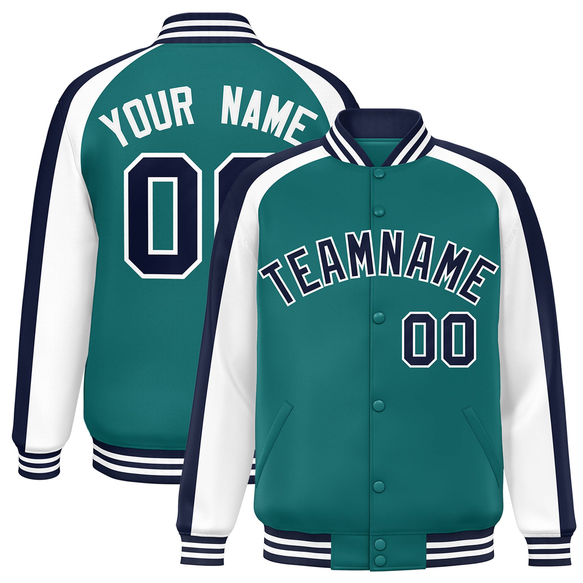 Custom Aqua White Varsity Full-Snap Color Block Personalized Raglan Sleeves Letterman Jacket