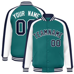 Custom Aqua White Varsity Full-Snap Color Block Personalized Raglan Sleeves Letterman Jacket