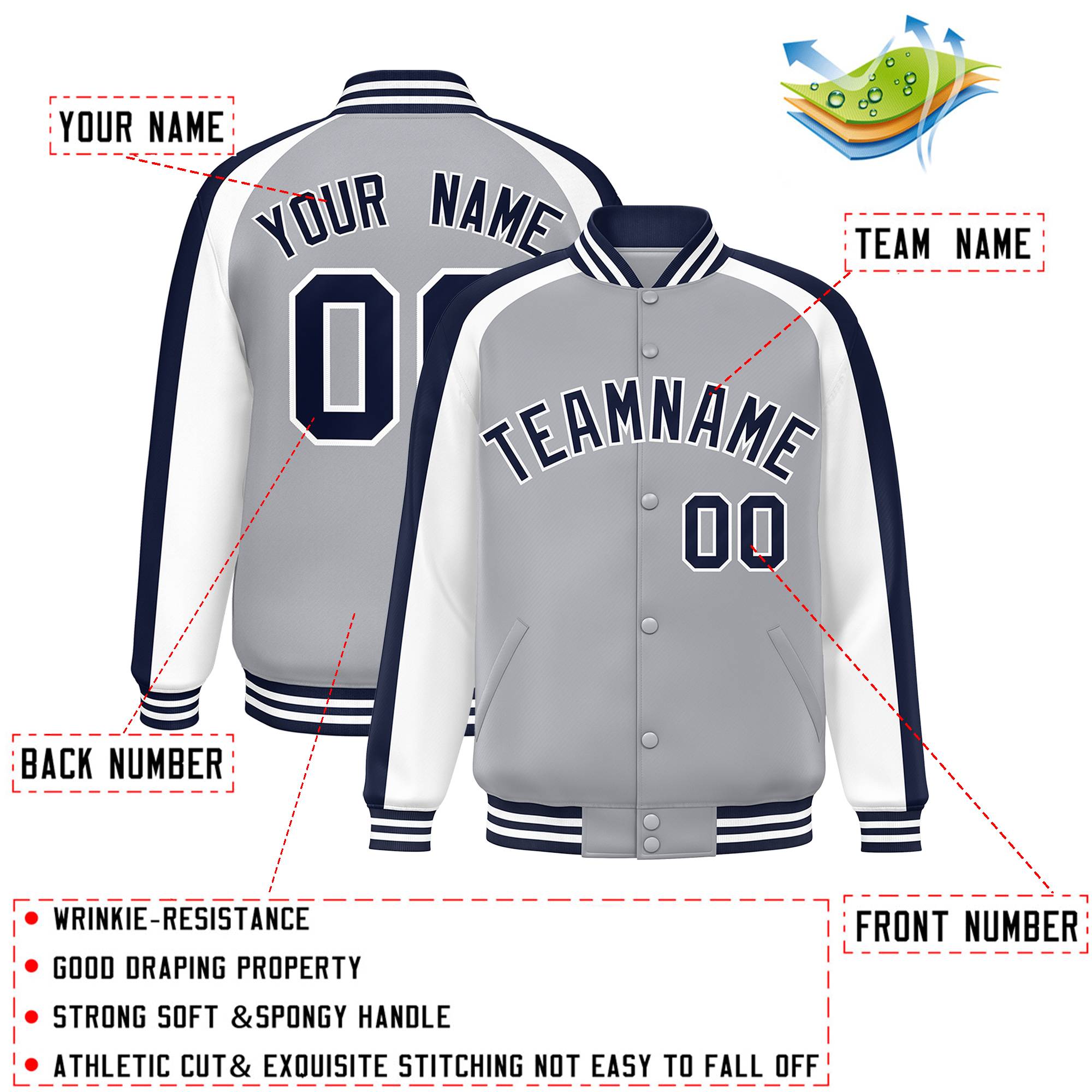 Custom Gray White Varsity Full-Snap Color Block Personalized Raglan Sleeves Letterman Jacket