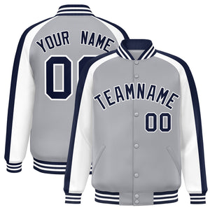 Custom Gray White Varsity Full-Snap Color Block Personalized Raglan Sleeves Letterman Jacket