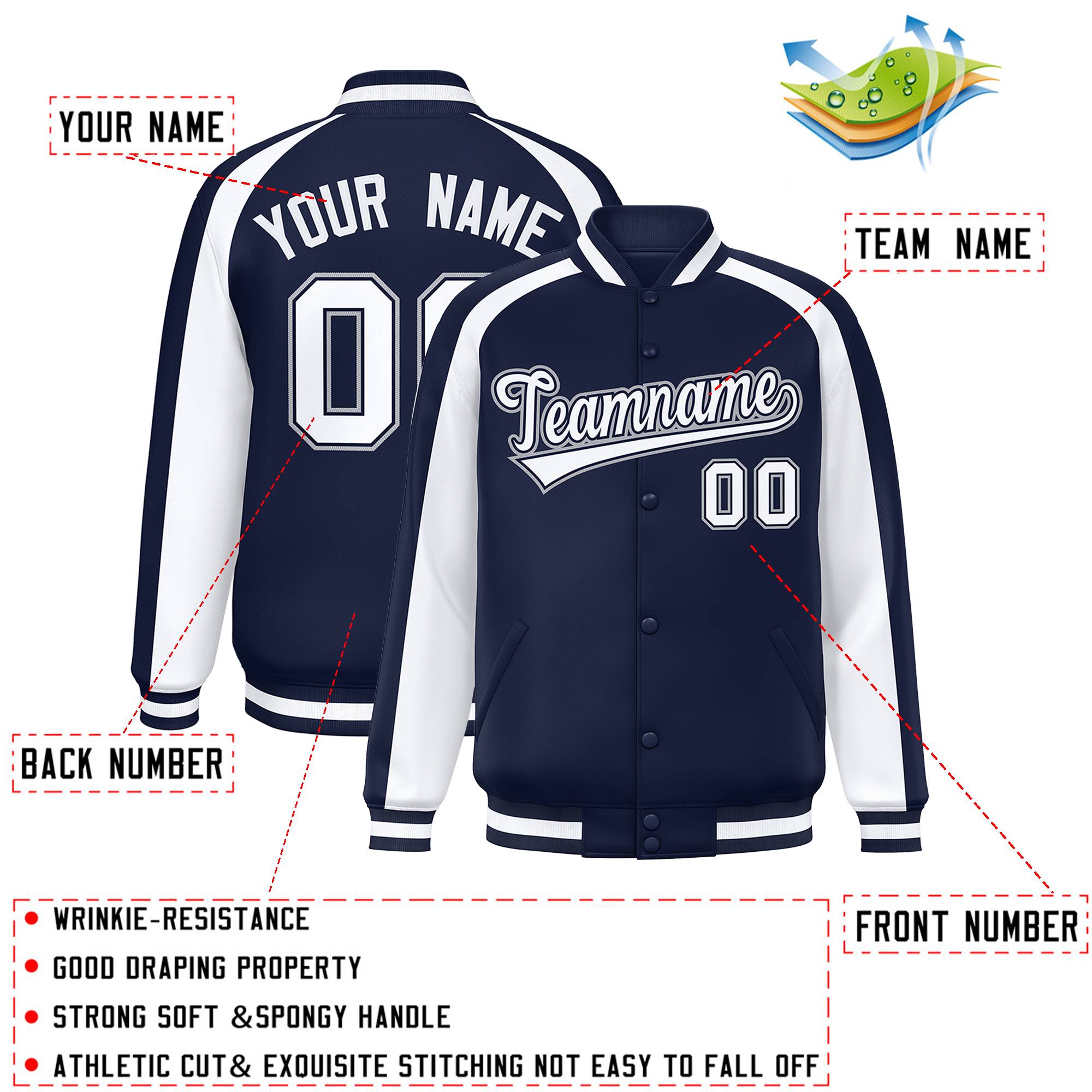 Custom Navy White Varsity Full-Snap Color Block Personalized Raglan Sleeves Letterman Jacket