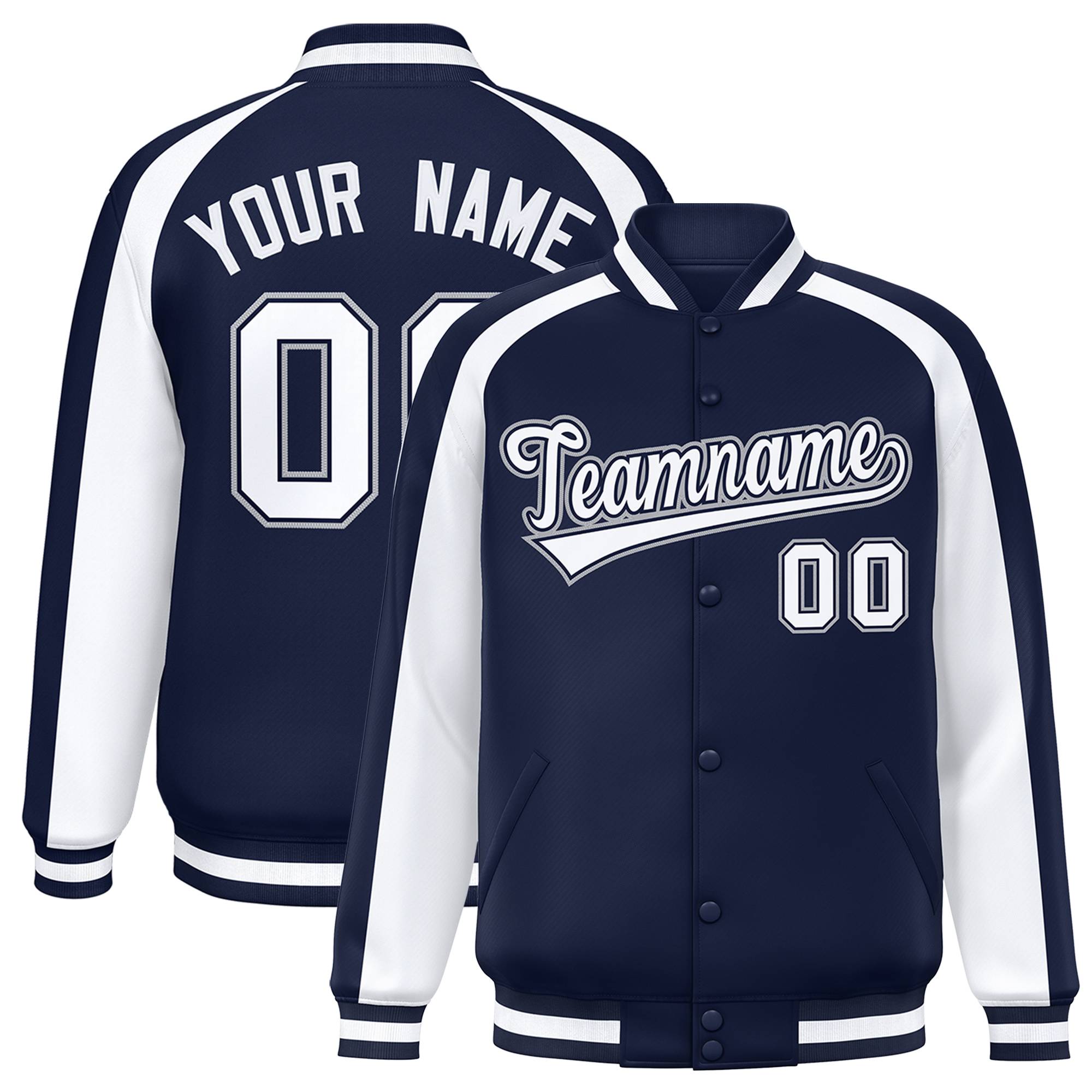 Custom Navy White Varsity Full-Snap Color Block Personalized Raglan Sleeves Letterman Jacket