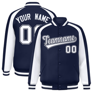 Custom Navy White Varsity Full-Snap Color Block Personalized Raglan Sleeves Letterman Jacket