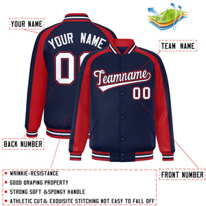 Custom Navy Red Varsity Full-Snap Color Block Personalized Raglan Sleeves Letterman Jacket