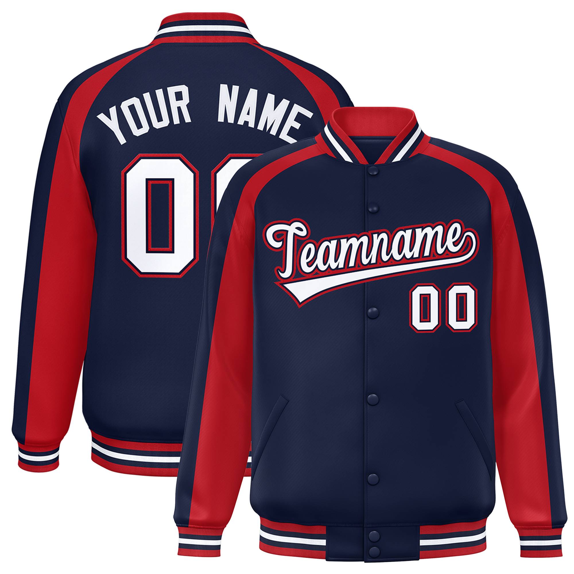 Custom Navy Red Varsity Full-Snap Color Block Personalized Raglan Sleeves Letterman Jacket