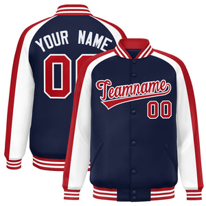 Custom Navy White Varsity Full-Snap Color Block Personalized Raglan Sleeves Letterman Jacket