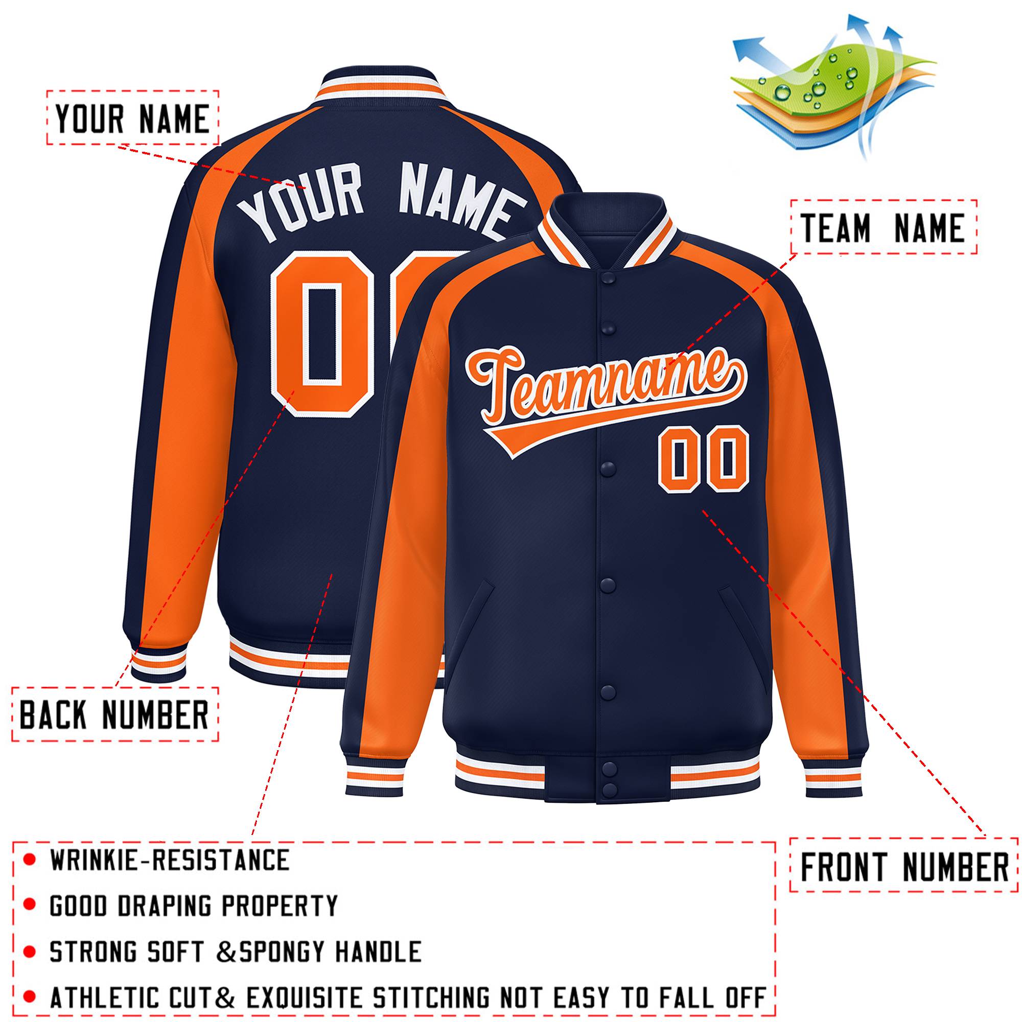 Custom Navy Orange Varsity Full-Snap Color Block Personalized Raglan Sleeves Letterman Jacket