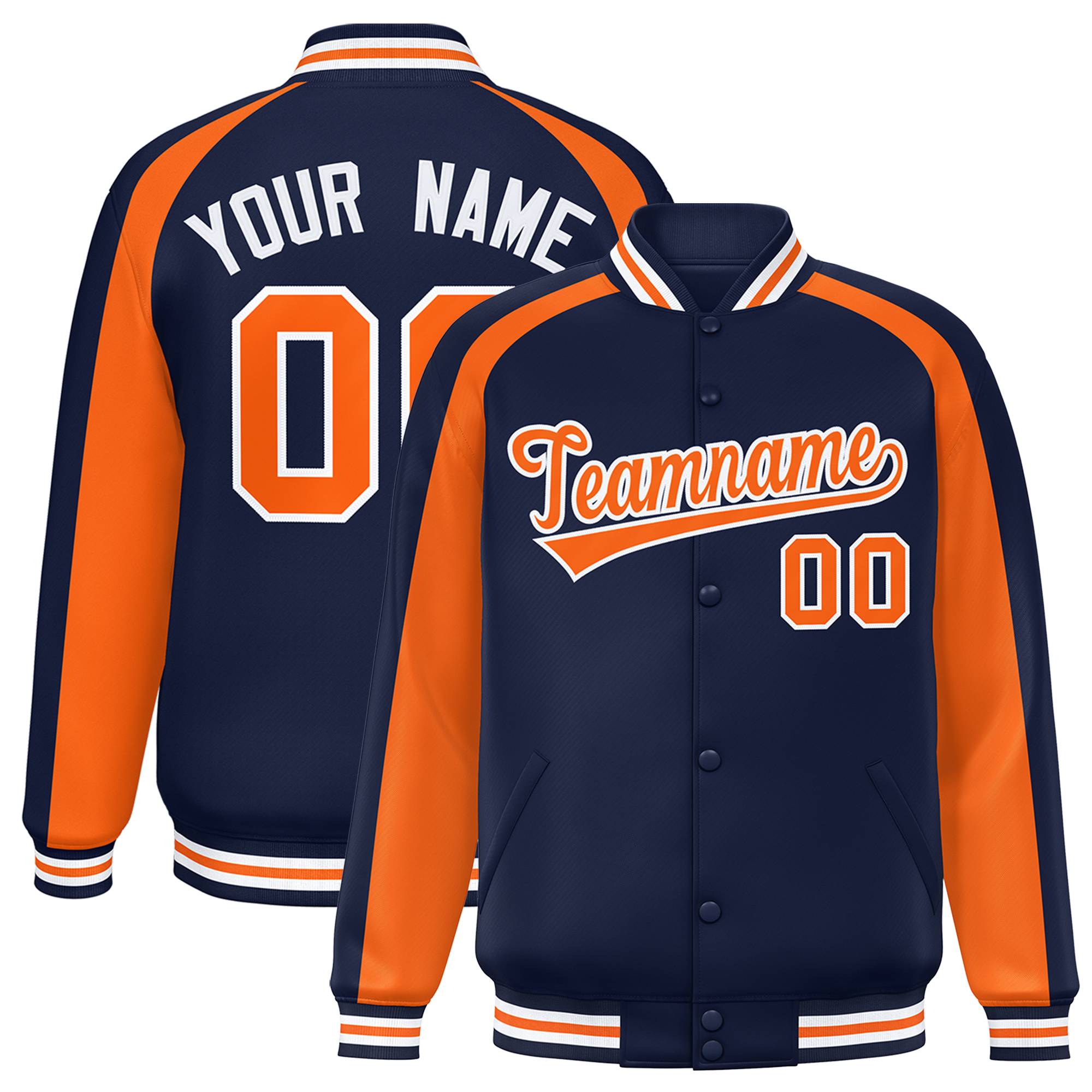 Custom Navy Orange Varsity Full-Snap Color Block Personalized Raglan Sleeves Letterman Jacket