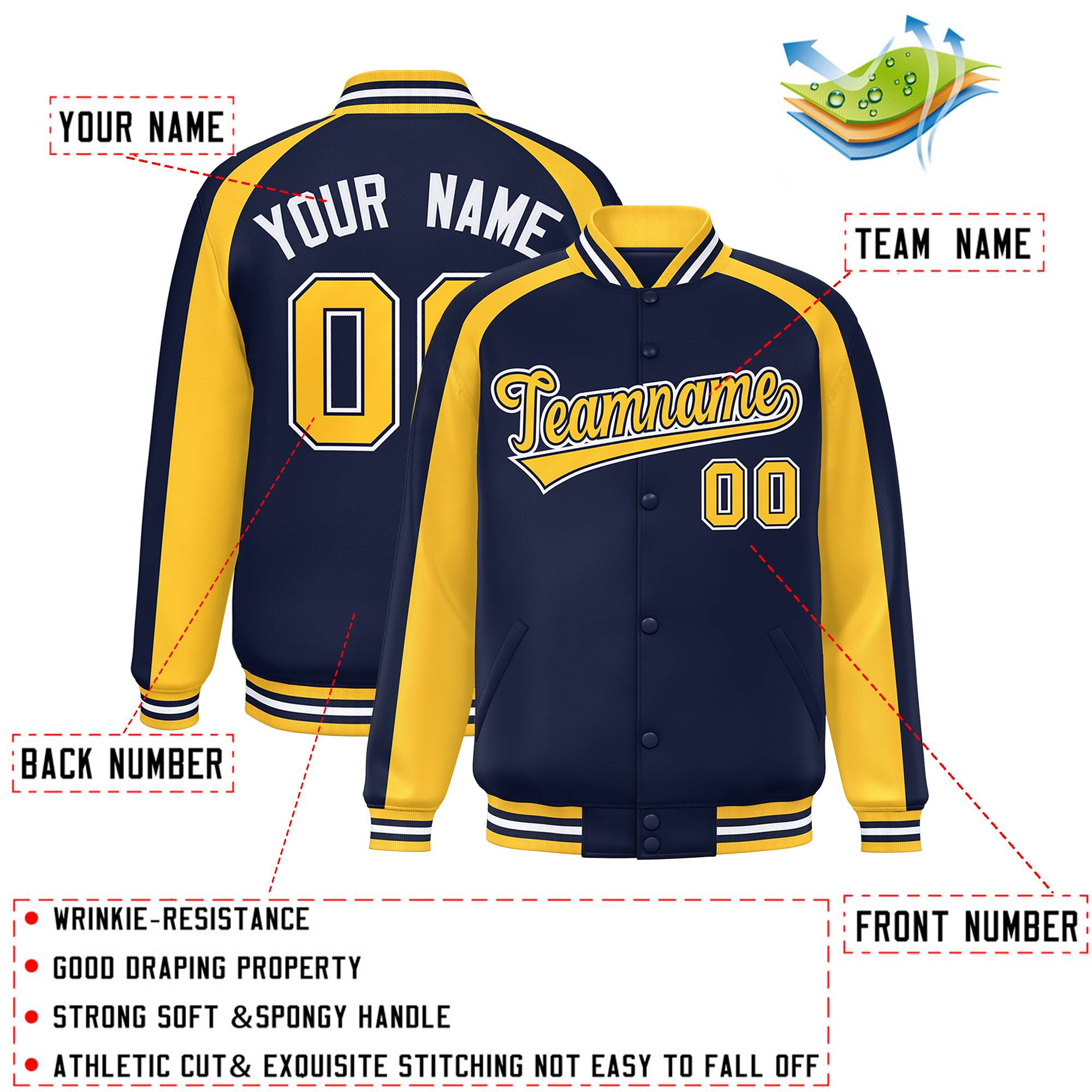 Custom Navy Gold Varsity Full-Snap Color Block Personalized Raglan Sleeves Letterman Jacket