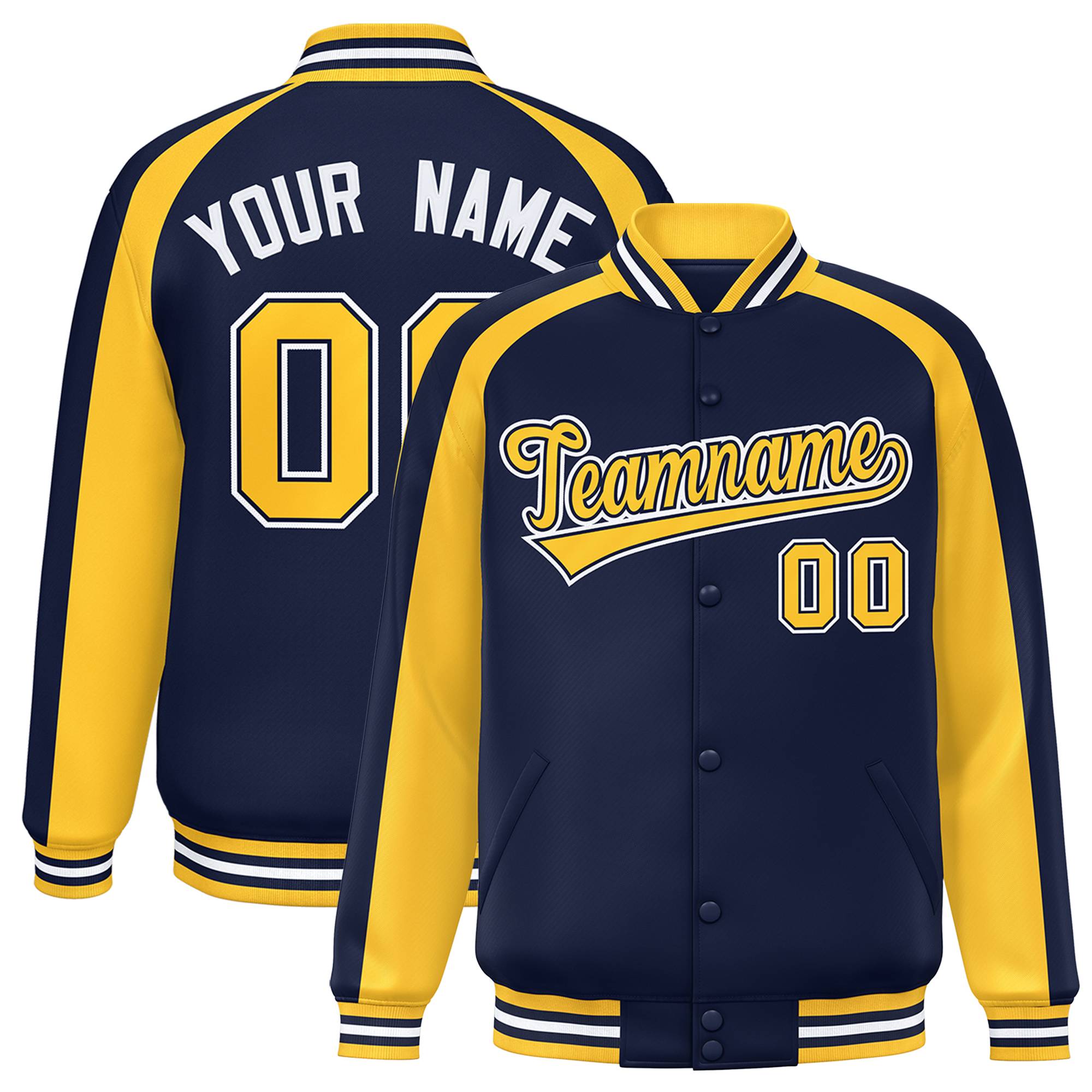 Custom Navy Gold Varsity Full-Snap Color Block Personalized Raglan Sleeves Letterman Jacket