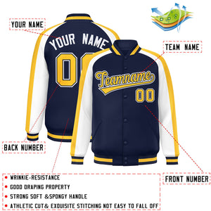 Custom Navy White Varsity Full-Snap Color Block Personalized Raglan Sleeves Letterman Jacket