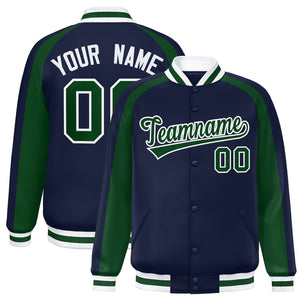 Custom Navy Green Varsity Full-Snap Color Block Personalized Raglan Sleeves Letterman Jacket