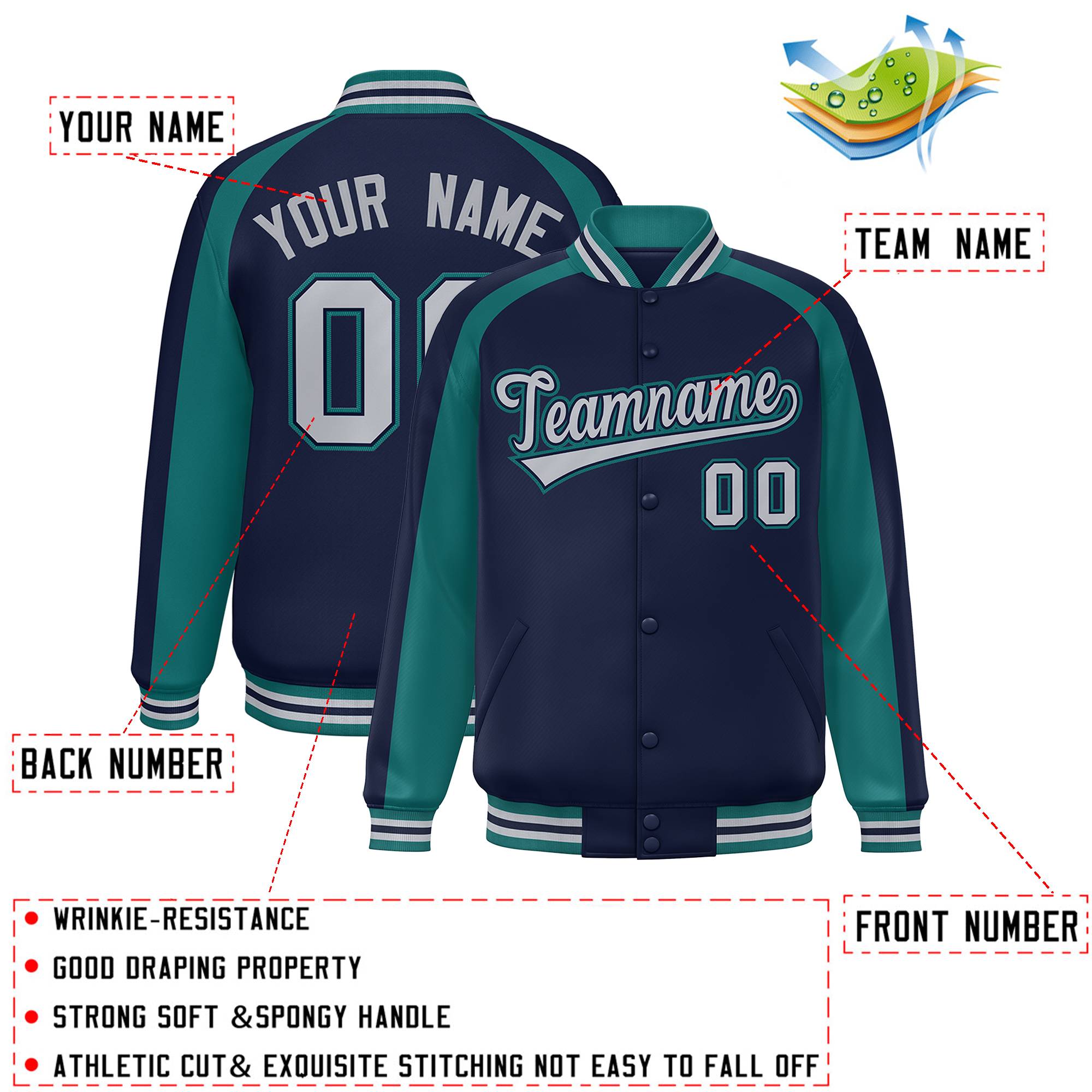 Custom Navy Aqua Varsity Full-Snap Color Block Personalized Raglan Sleeves Letterman Jacket