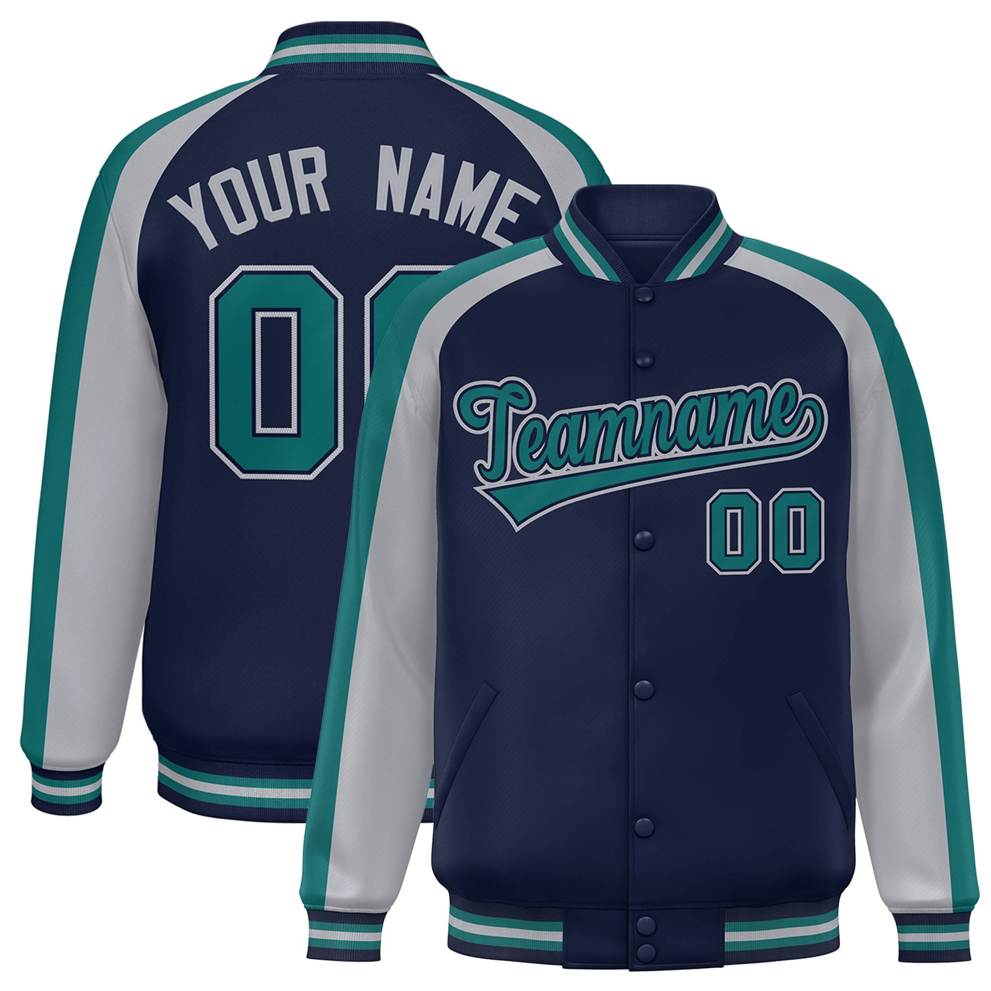 Custom Navy Gray Varsity Full-Snap Color Block Personalized Raglan Sleeves Letterman Jacket