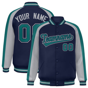 Custom Navy Gray Varsity Full-Snap Color Block Personalized Raglan Sleeves Letterman Jacket