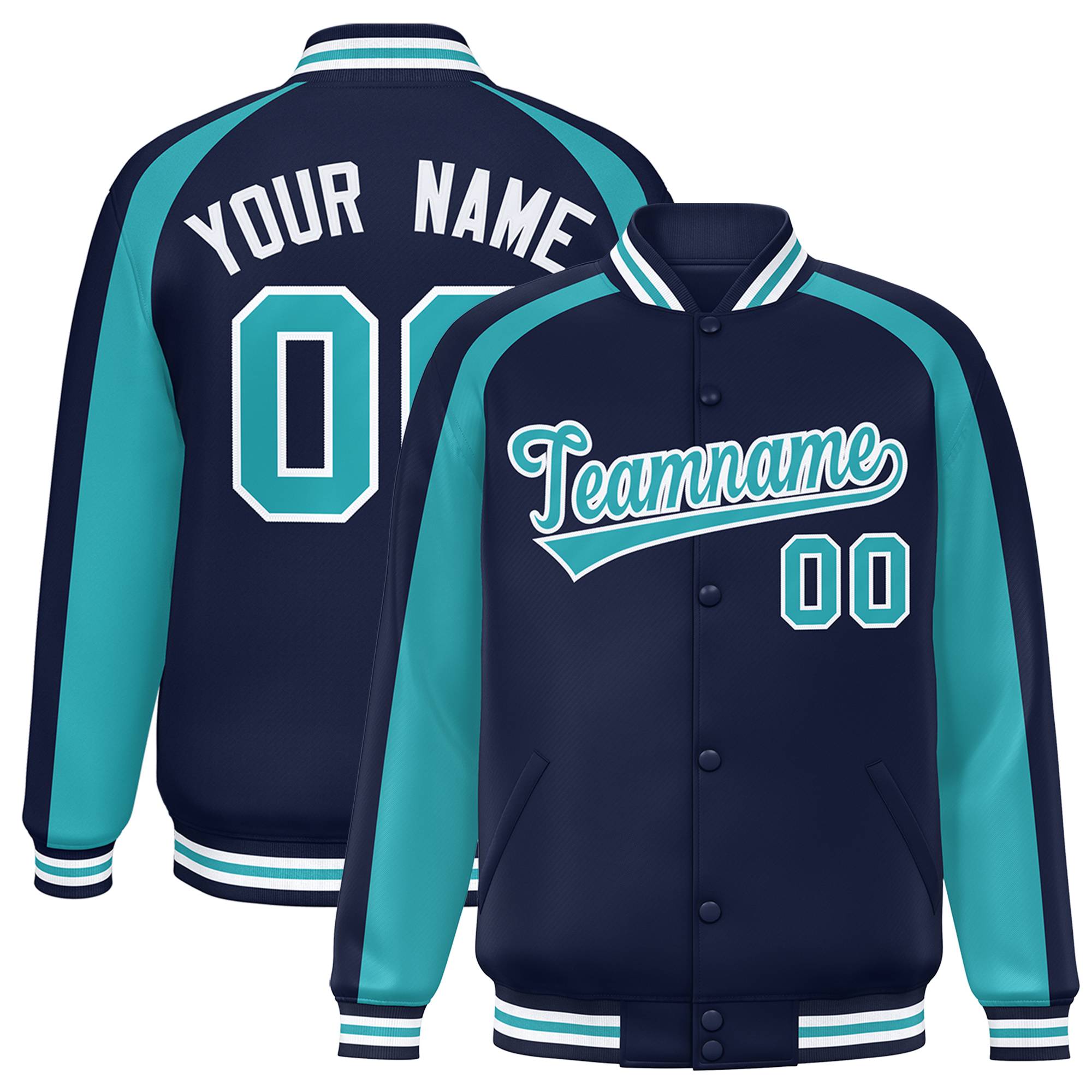 Custom Navy Aqua Varsity Full-Snap Color Block Personalized Raglan Sleeves Letterman Jacket