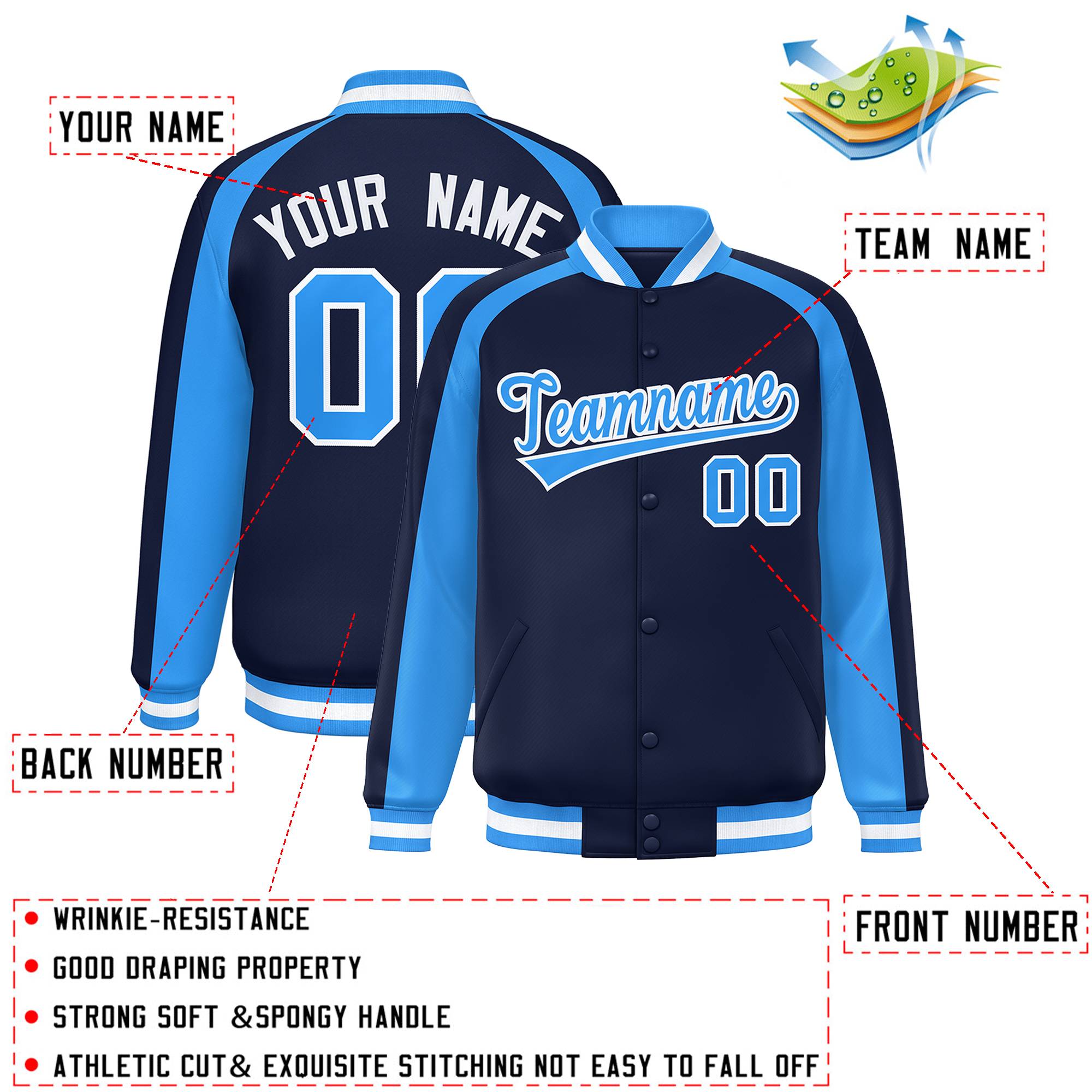 Custom Navy Powder Blue Varsity Full-Snap Color Block Personalized Raglan Sleeves Letterman Jacket