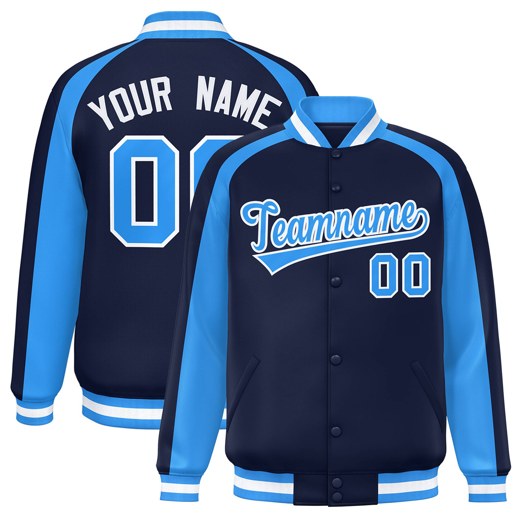 Custom Navy Powder Blue Varsity Full-Snap Color Block Personalized Raglan Sleeves Letterman Jacket