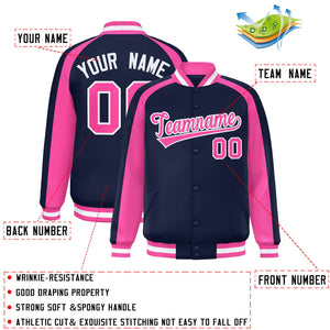 Custom Navy Pink Varsity Full-Snap Color Block Personalized Raglan Sleeves Letterman Jacket