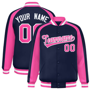 Custom Navy Pink Varsity Full-Snap Color Block Personalized Raglan Sleeves Letterman Jacket