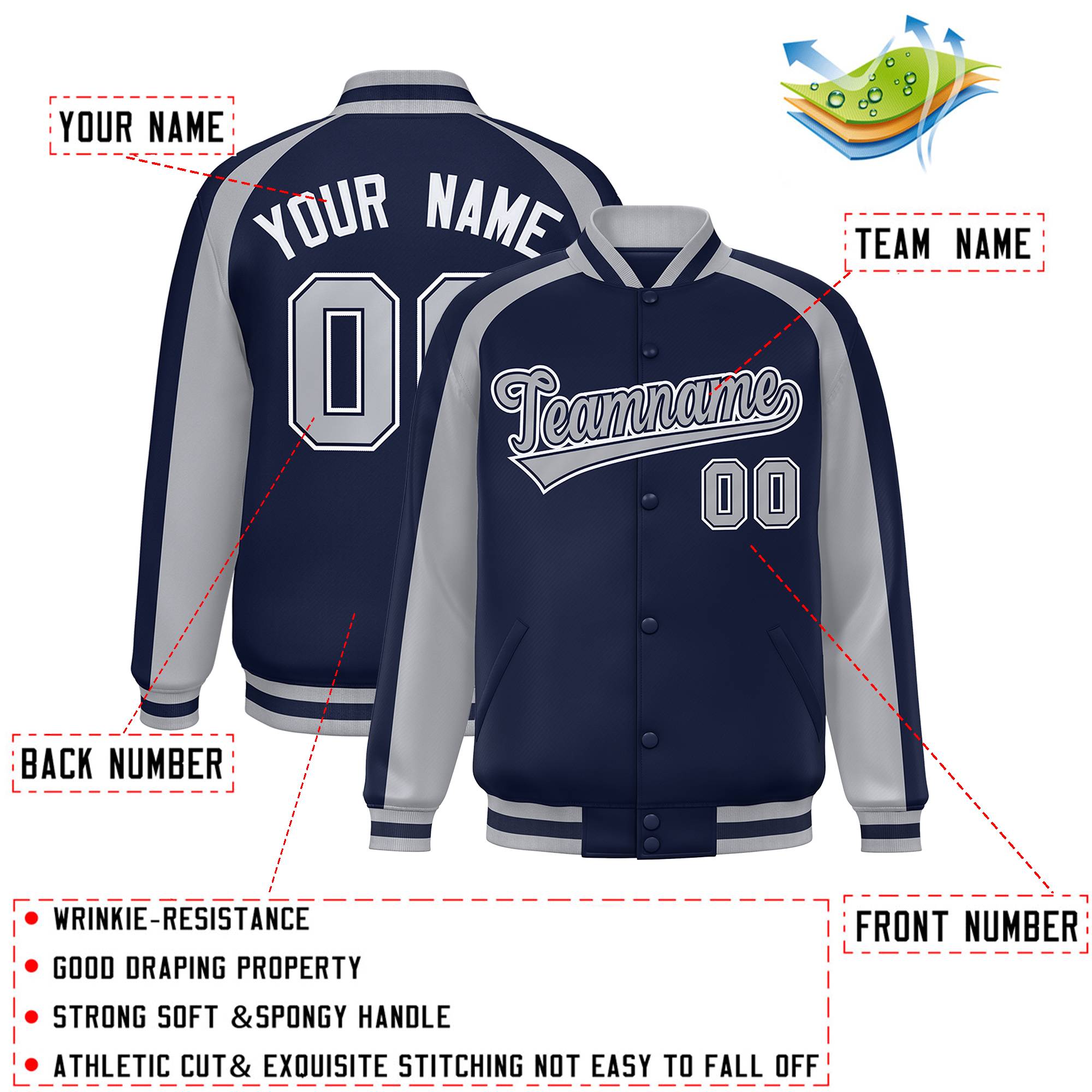 Custom Navy Gray Varsity Full-Snap Color Block Personalized Raglan Sleeves Letterman Jacket