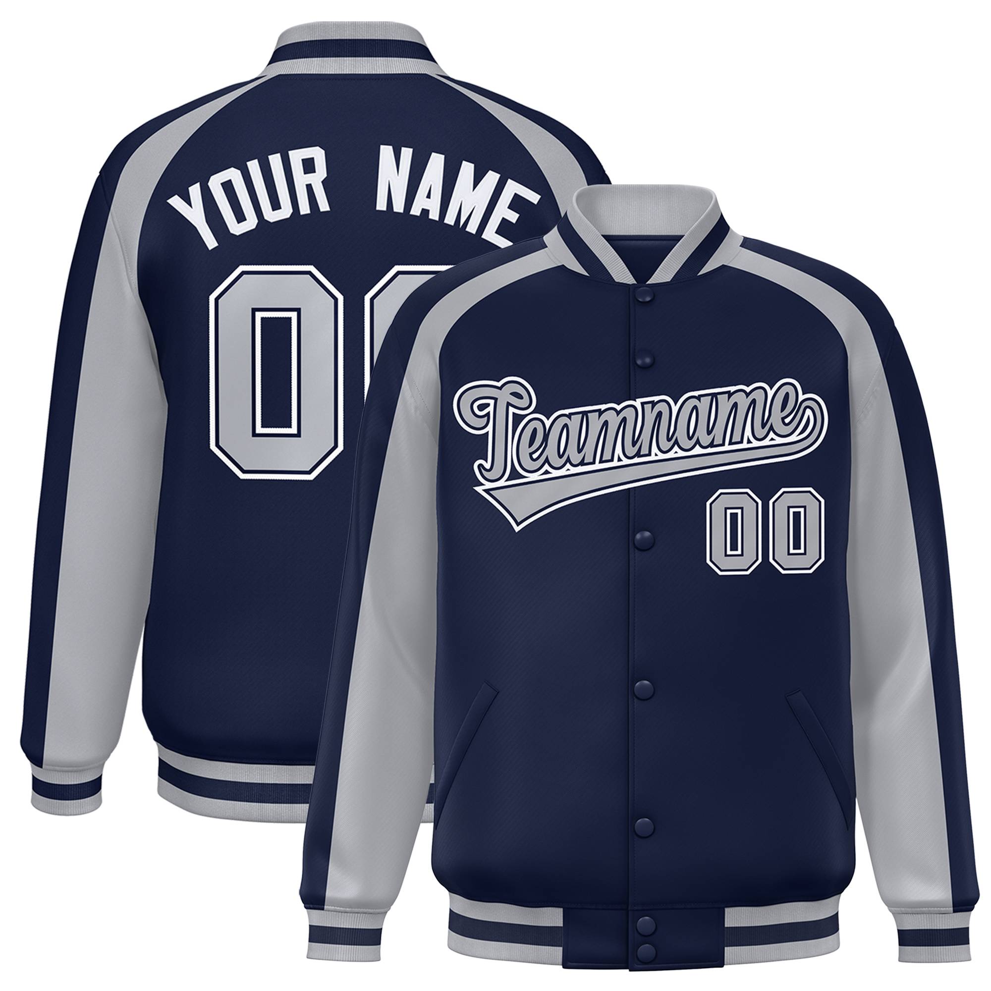 Custom Navy Gray Varsity Full-Snap Color Block Personalized Raglan Sleeves Letterman Jacket