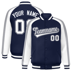 Custom Navy White Varsity Full-Snap Color Block Personalized Raglan Sleeves Letterman Jacket