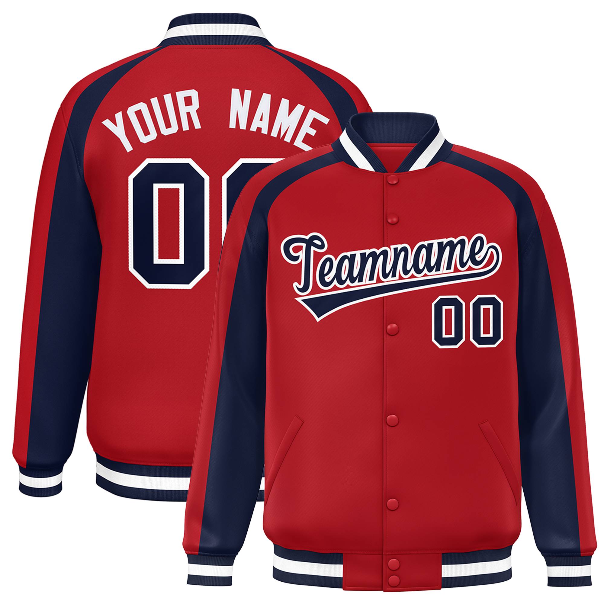 Custom Red Navy Varsity Full-Snap Color Block Personalized Raglan Sleeves Letterman Jacket