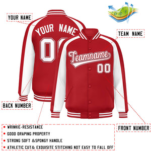 Custom Red White Varsity Full-Snap Color Block Personalized Raglan Sleeves Letterman Jacket