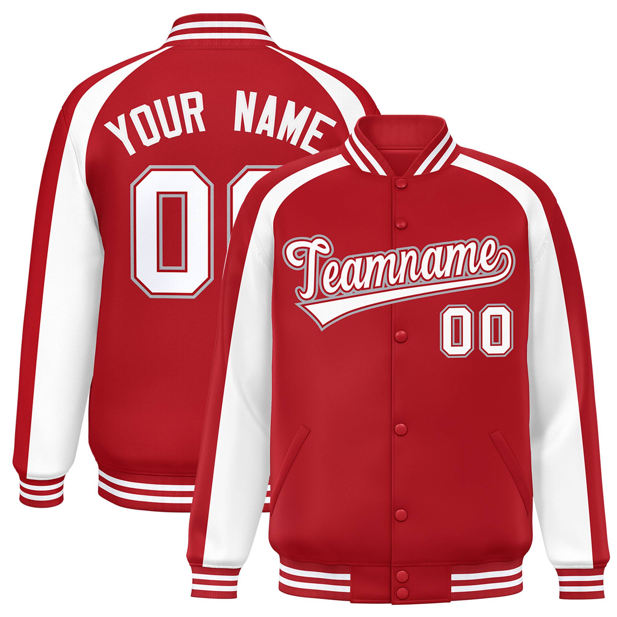 Custom Red White Varsity Full-Snap Color Block Personalized Raglan Sleeves Letterman Jacket