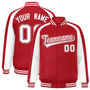 Custom Red White Varsity Full-Snap Color Block Personalized Raglan Sleeves Letterman Jacket