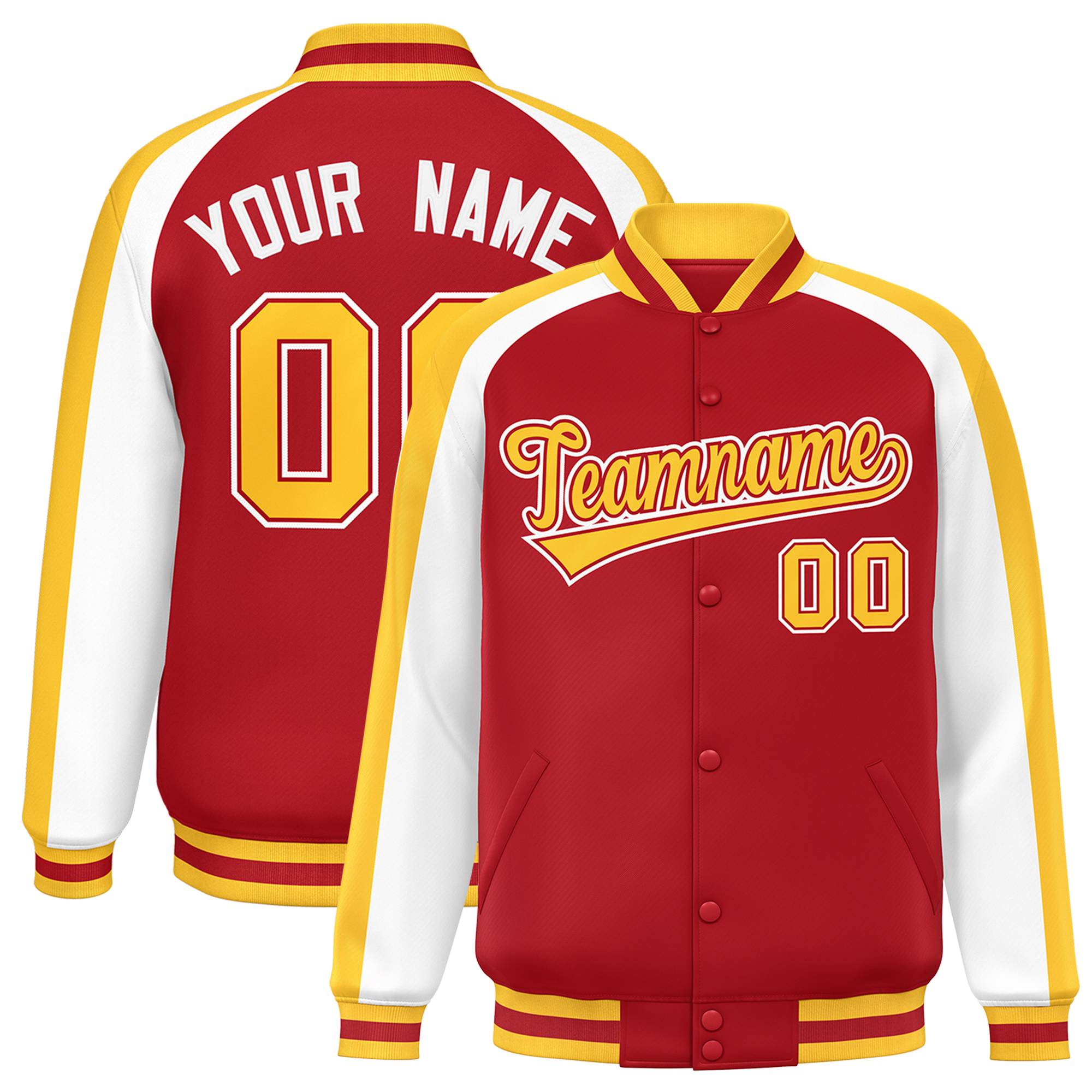 Custom Red White Varsity Full-Snap Color Block Personalized Raglan Sleeves Letterman Jacket