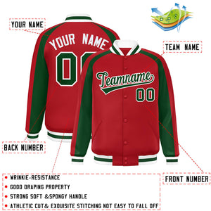 Custom Red Green Varsity Full-Snap Color Block Personalized Raglan Sleeves Letterman Jacket