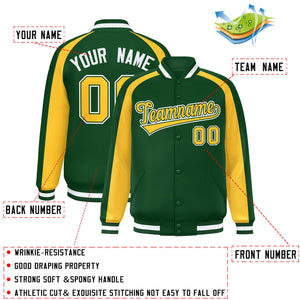 Custom Green Gold Varsity Full-Snap Color Block Personalized Raglan Sleeves Letterman Jacket