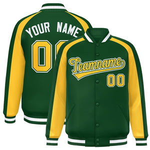 Custom Green Gold Varsity Full-Snap Color Block Personalized Raglan Sleeves Letterman Jacket