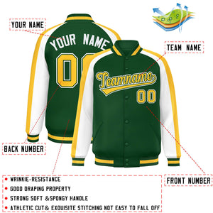 Custom Green White Varsity Full-Snap Color Block Personalized Raglan Sleeves Letterman Jacket