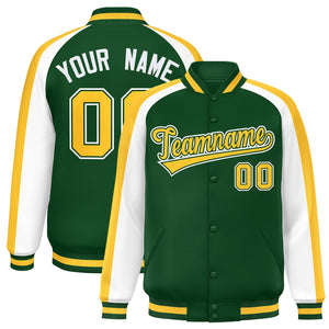 Custom Green White Varsity Full-Snap Color Block Personalized Raglan Sleeves Letterman Jacket