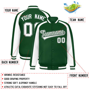 Custom Green White Varsity Full-Snap Color Block Personalized Raglan Sleeves Letterman Jacket